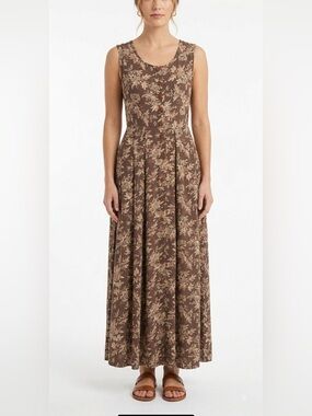 Vtg 90s April Cornell Floral Maxi Dress XS Brown Rayon Tie Back